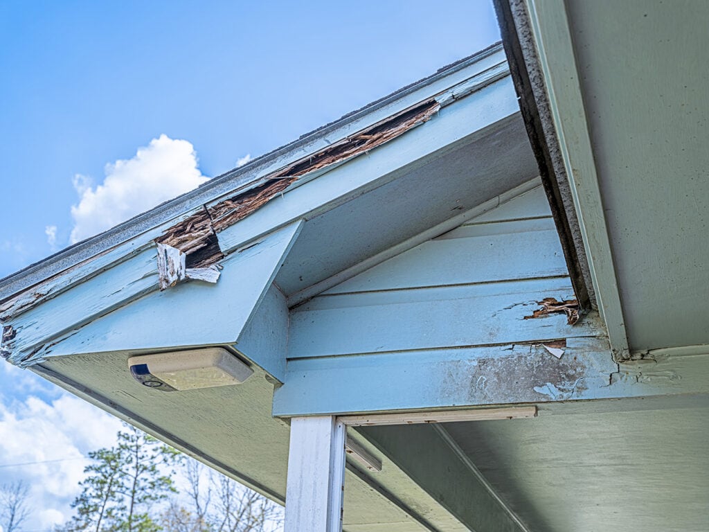 Close-up of wood rot damage on house siding and roof eaves.