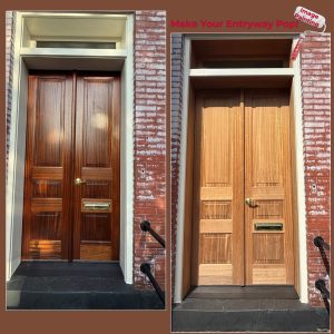 Comparison of a wooden entry door before and after painting, showcasing transformation.