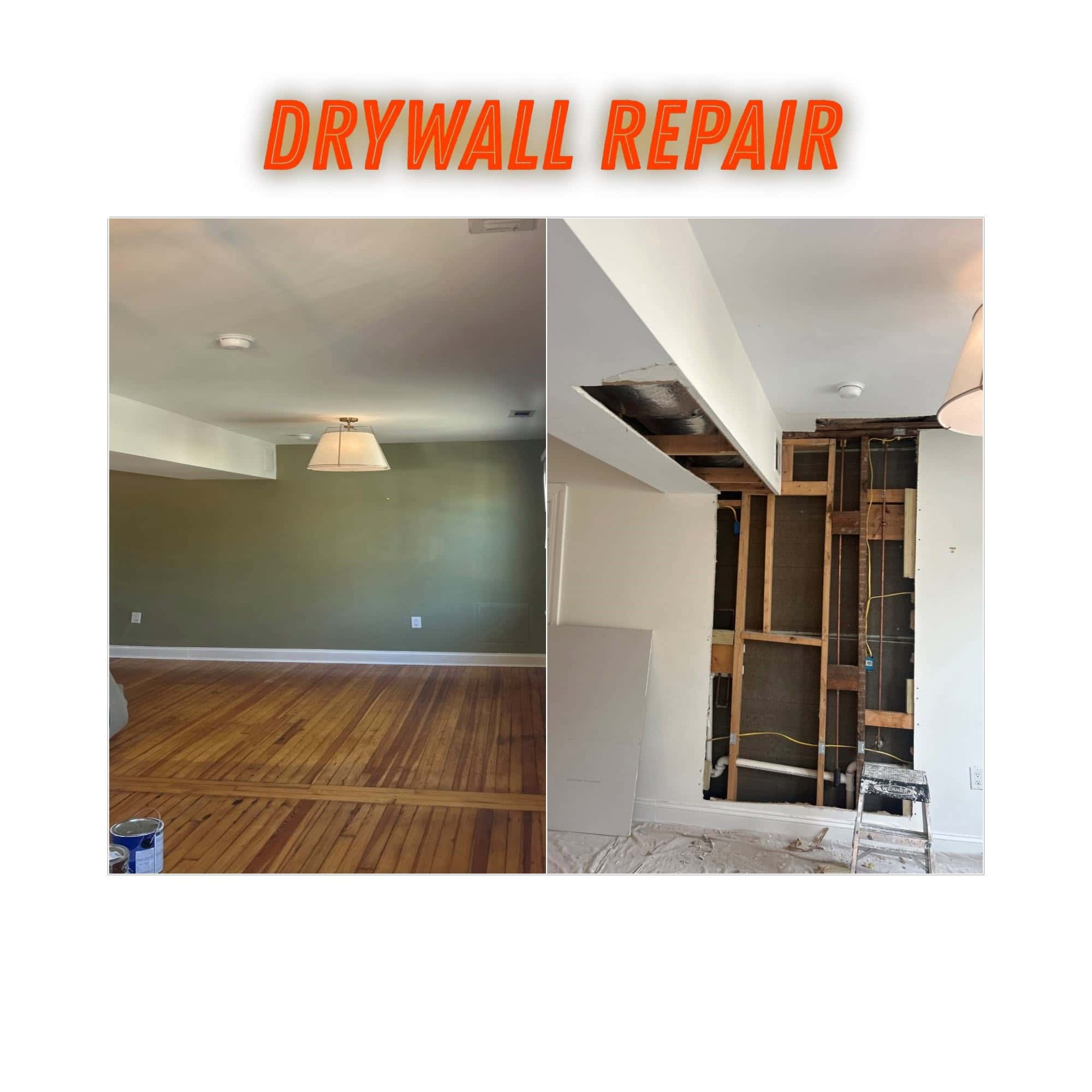 Drywall repair and ceiling patch, then repaint - before and