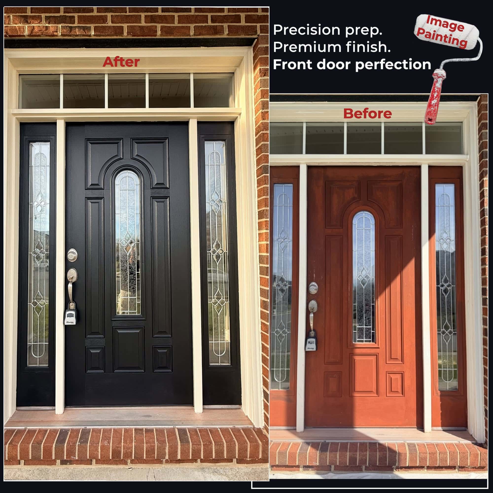 Front door repainted from red-brown to satin black - before and