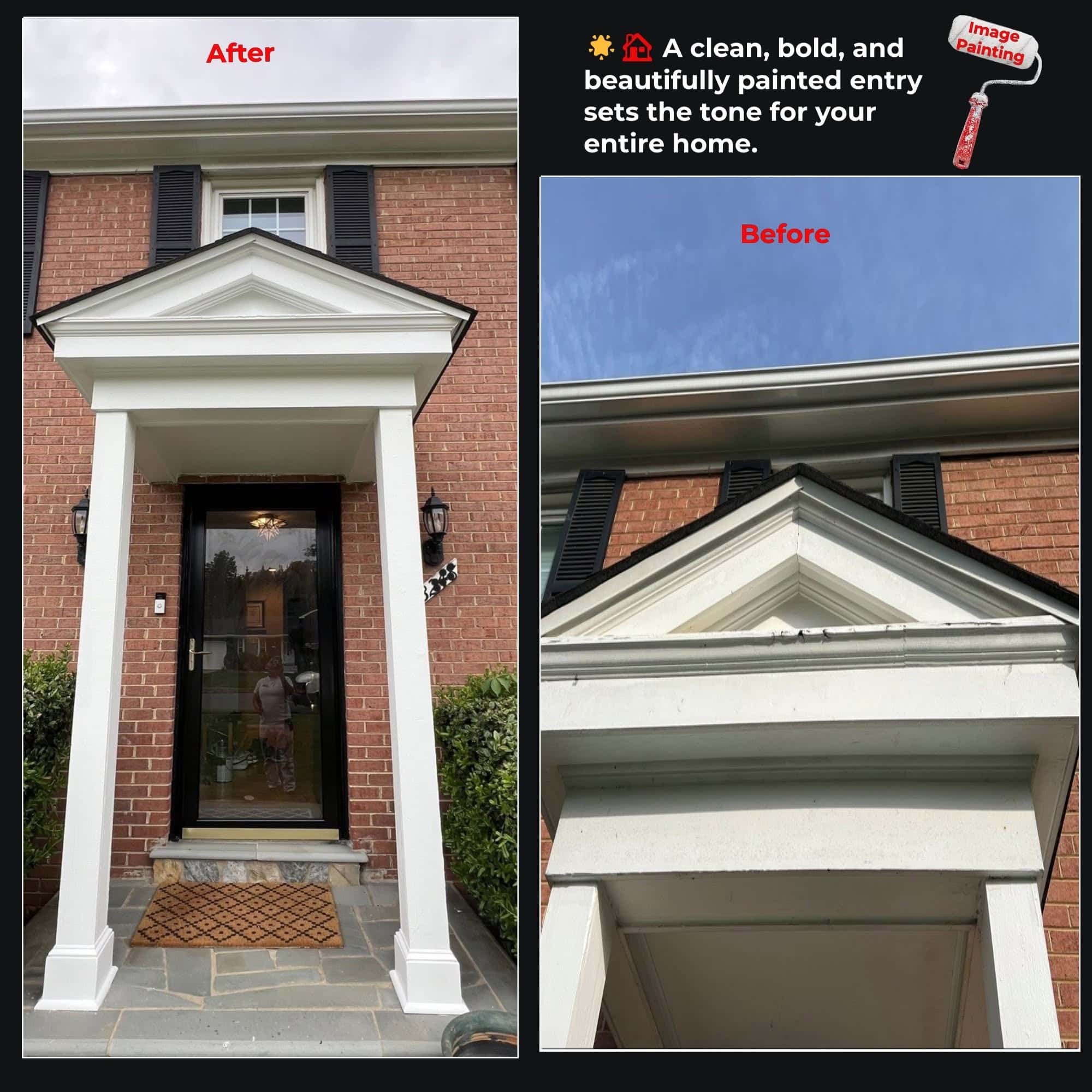 Before and after of a front entry portico repainted by Image Painting in McLean, VA. The right photo shows the before condition, with cracked, chalky paint and open seams across the pediment and cornice trim; the left photo shows the finished entry on a red brick colonial, with the portico columns, pediment and trim in clean white, black shutters and a black front door.