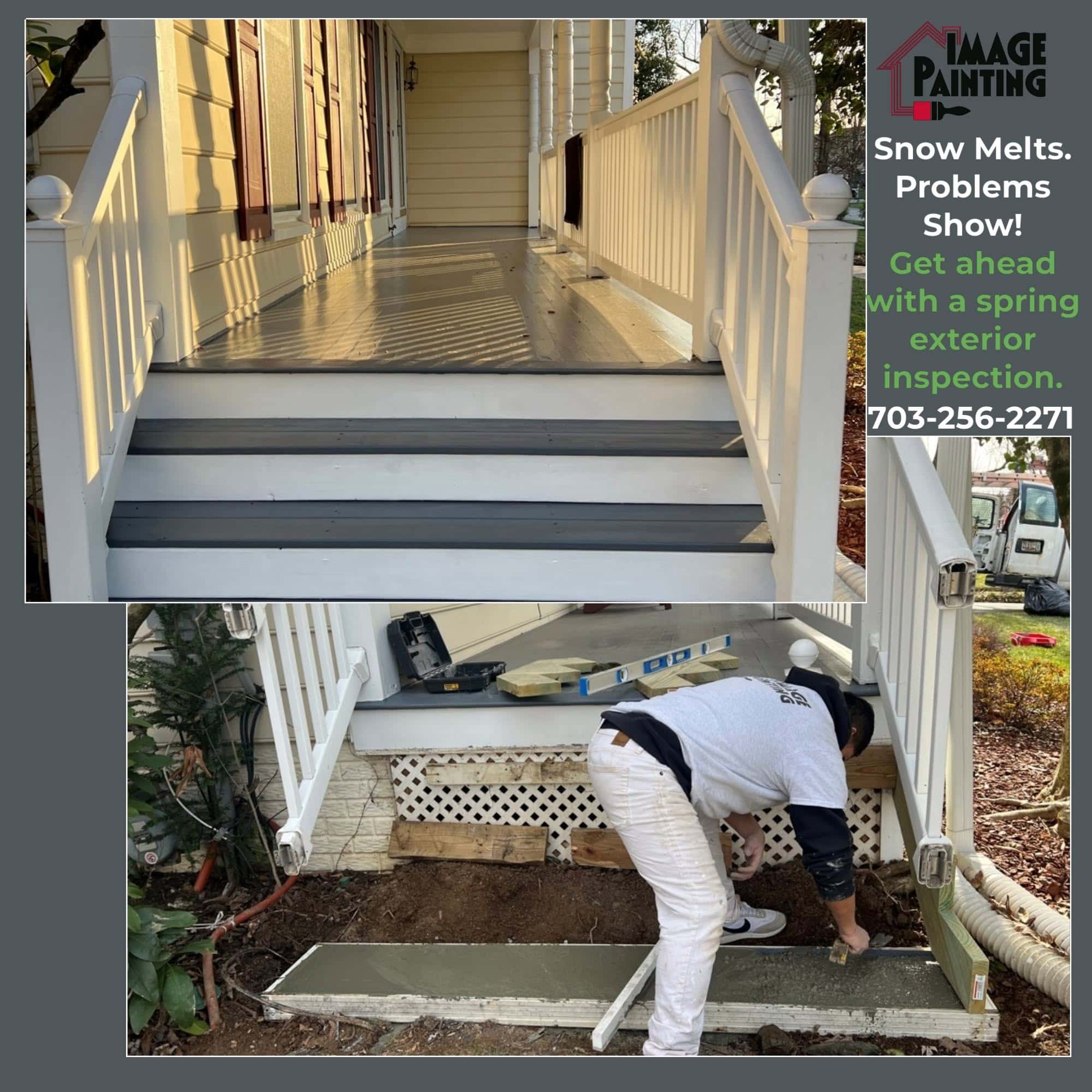 Front porch floor, steps and railing repaint with new concrete