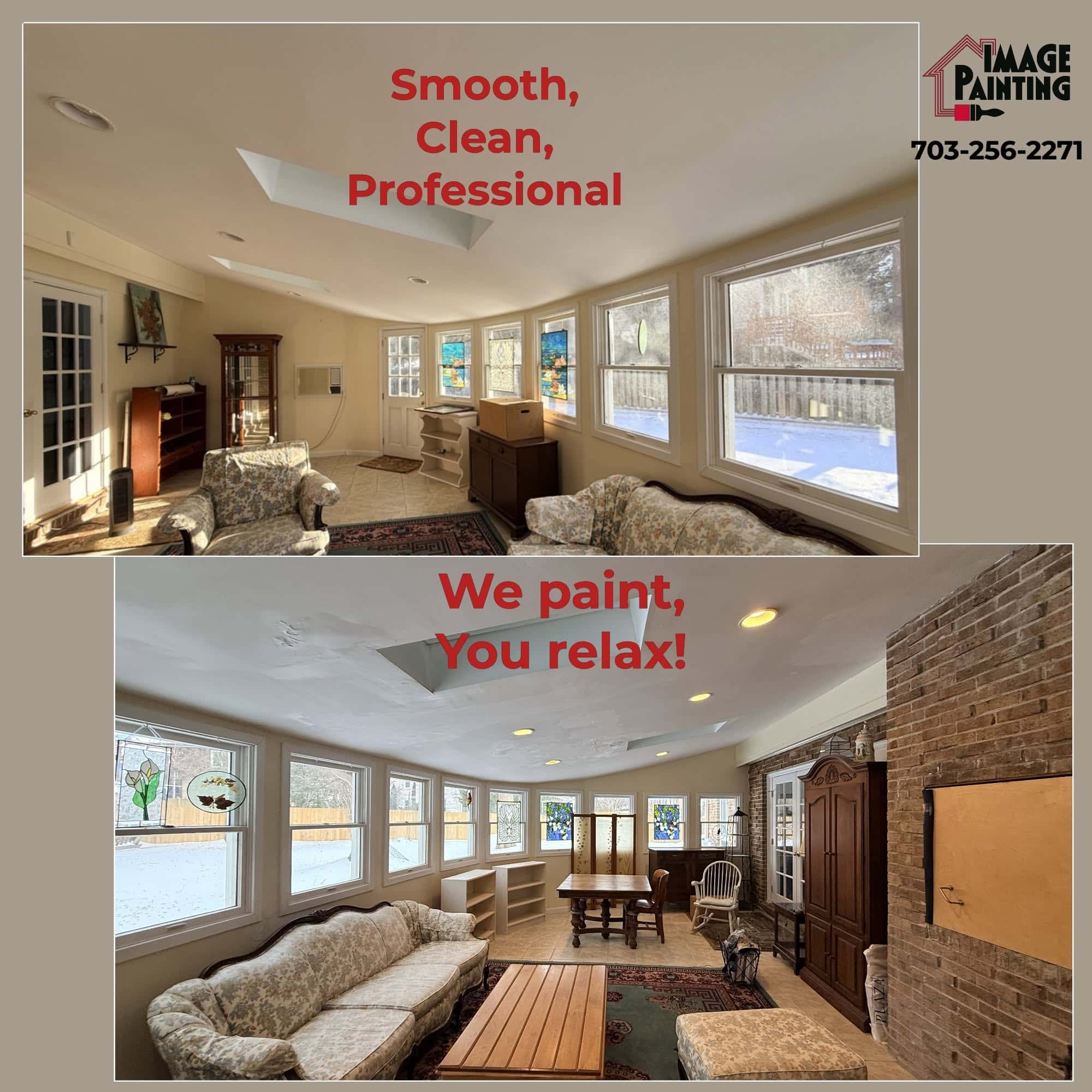 Sunroom ceiling and wall repaint with skylight - before and
